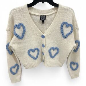 Derek Heart White Cropped Cardigan with Blue Textured Hearts